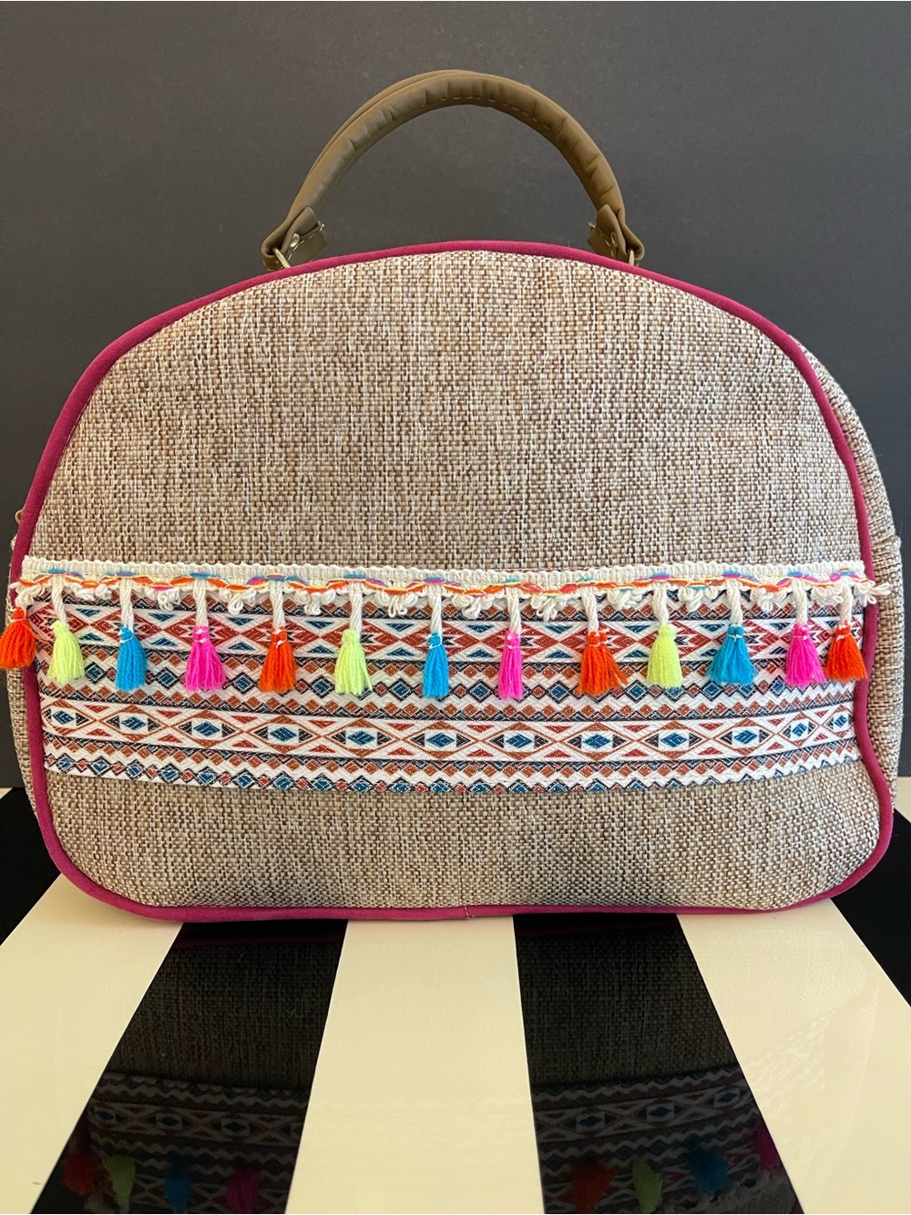 Woven Neutral Beach Summer Tote with Pink Trim and Colorful Tassels